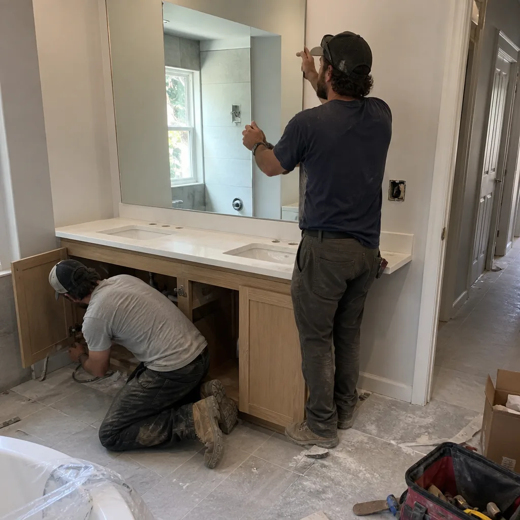 Two contractors performing professional bathroom remodeling and cabinet installation services