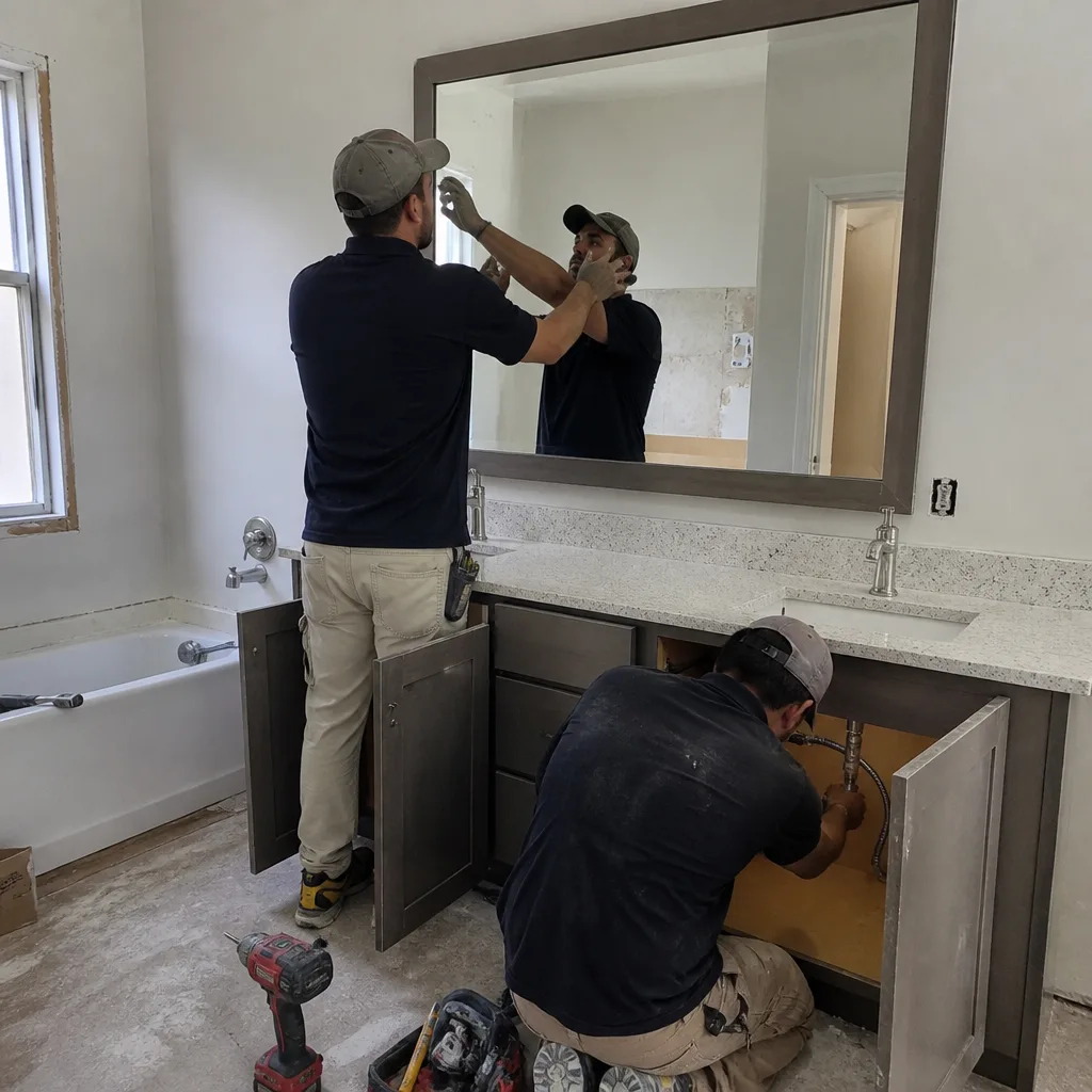 Two professional contractors performing bathroom remodeling and vanity installation.