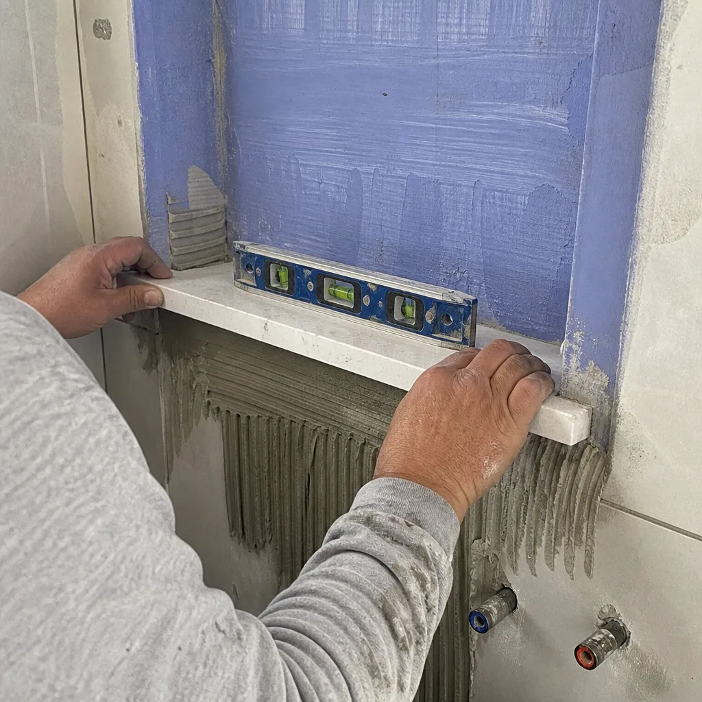 Worker installing a level stone shelf in a tiled shower niche