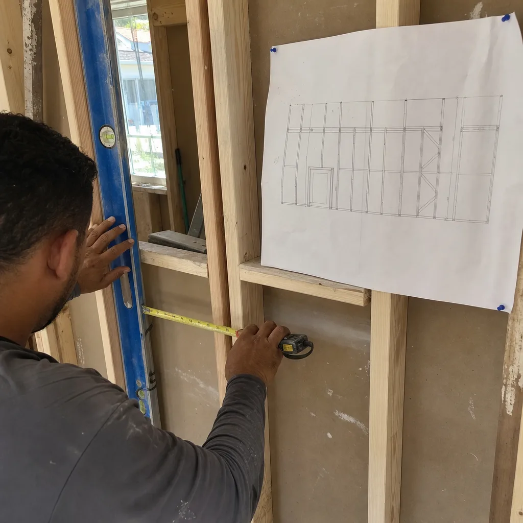 General contractor measuring wall framing studs using a level and tape measure