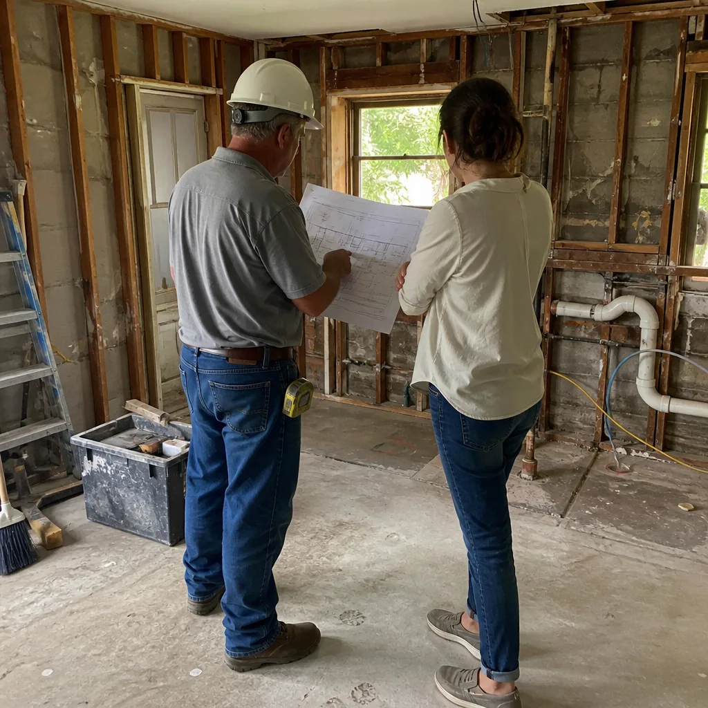 General contractor and client reviewing construction blueprints in a renovation project
