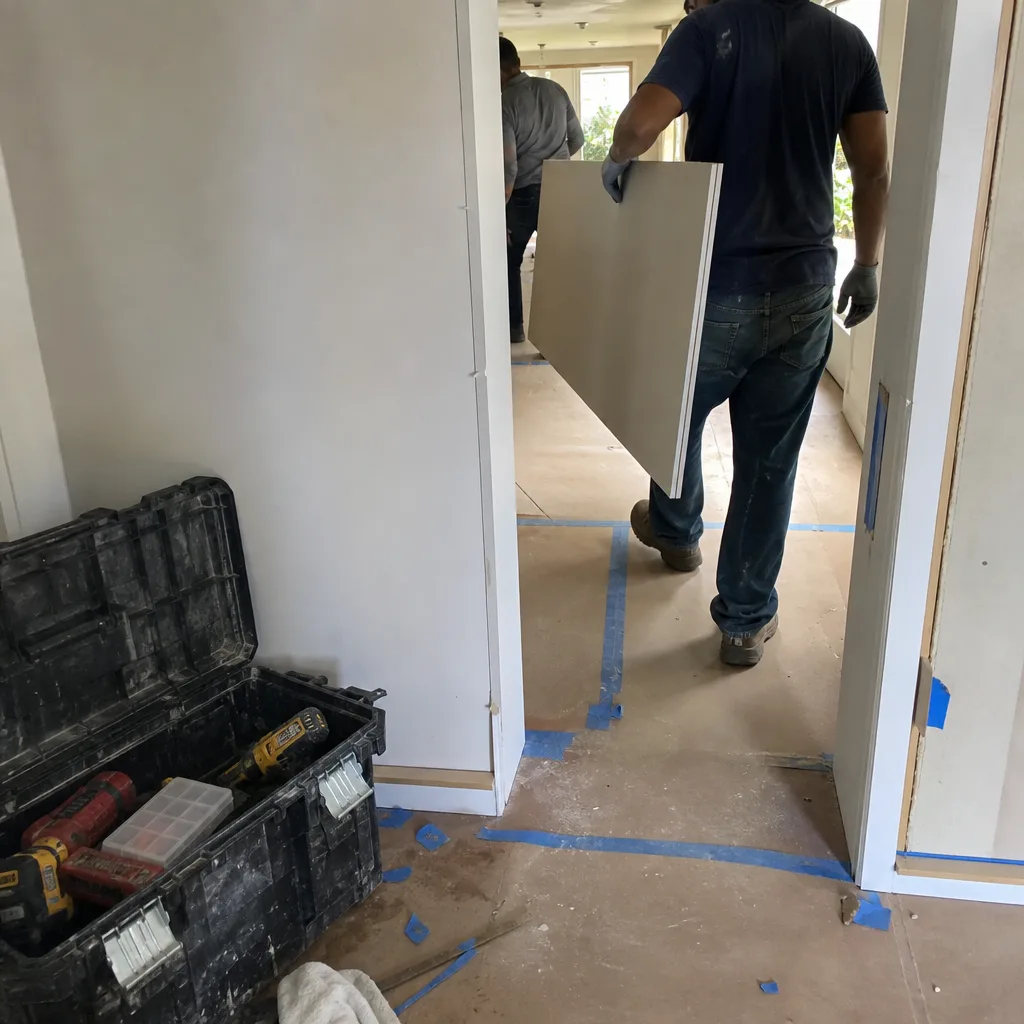 General contractor carrying drywall panels during a home renovation project