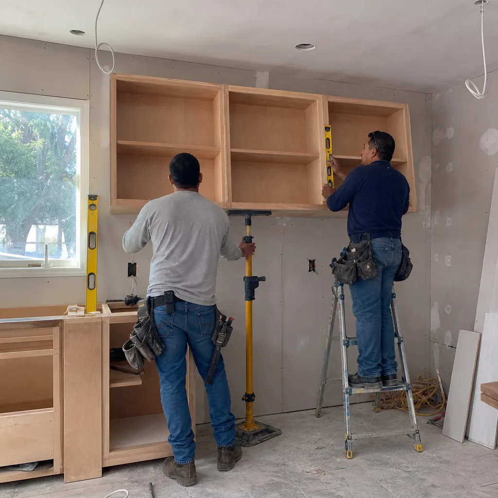 Two construction workers installing custom kitchen cabinets with a level