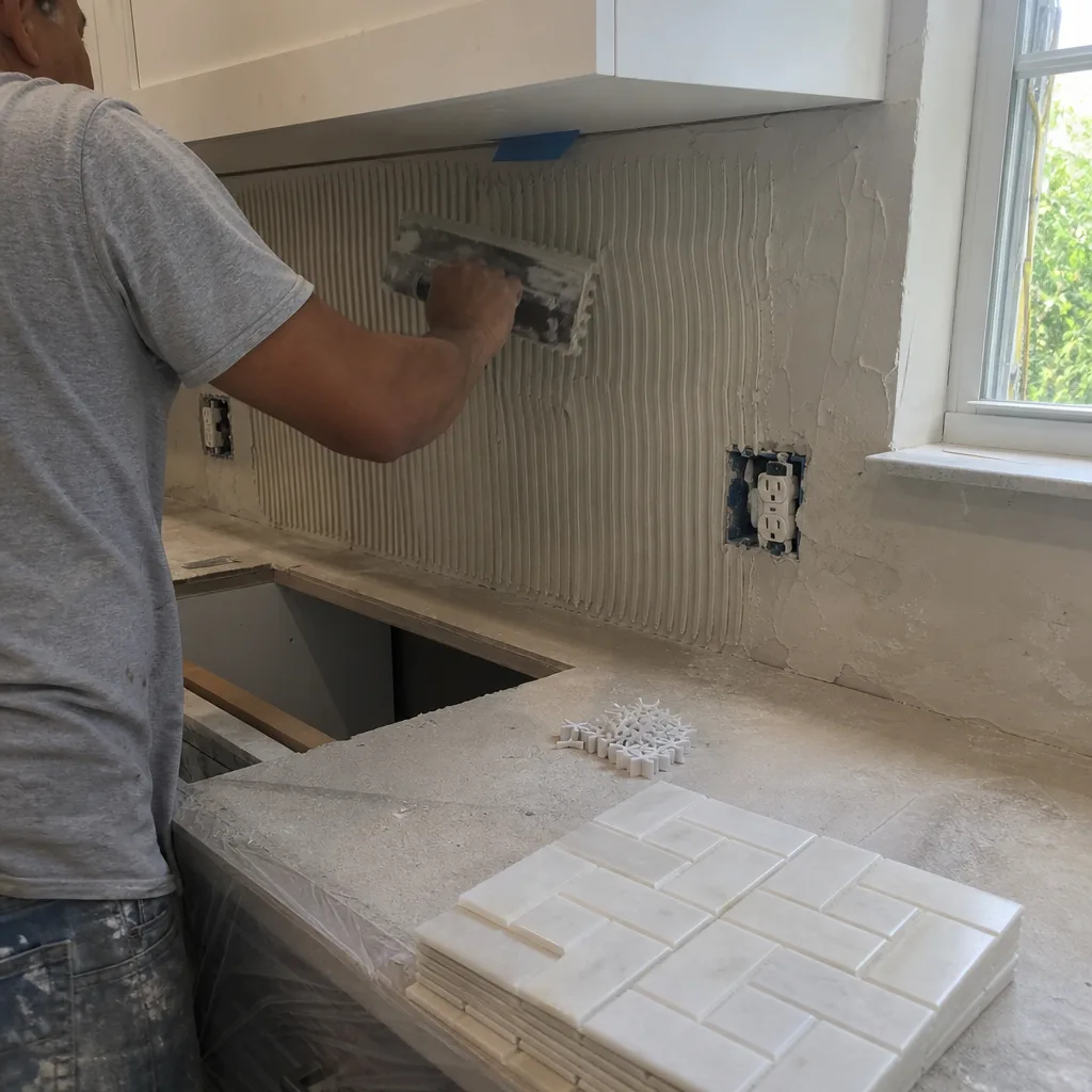 professional contractor applying mortar for kitchen backsplash tile installation